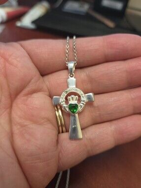 Sterling Silver Claddagh Cross Pendant Necklace with Green Heart Stone